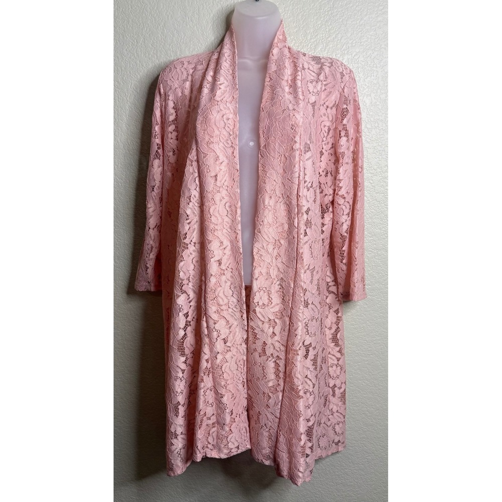 Shannon Ford Womens L Cardigan Pink Lace Open Front 3/4 Sleeve Shawl Collar Long